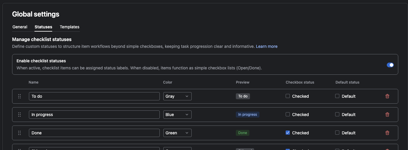 Checklists for YouTrack global checklist status settings in dark mode