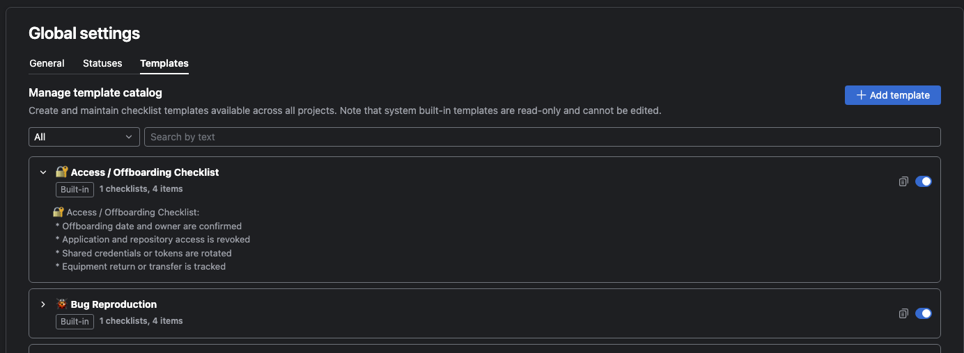 Checklists for YouTrack global template catalog in dark mode