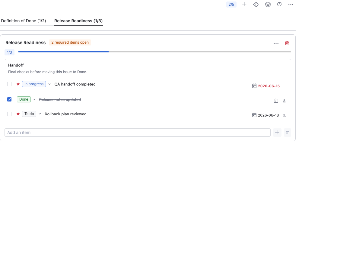 Checklists for YouTrack article panel showing release readiness work