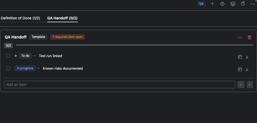 Checklists for YouTrack dark mode issue panel with multiple checklist tabs