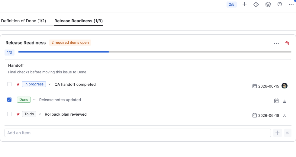Checklists for YouTrack issue panel showing release readiness work