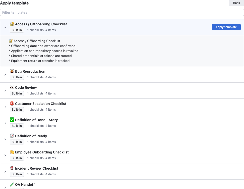 Checklists for YouTrack template picker inside the issue panel