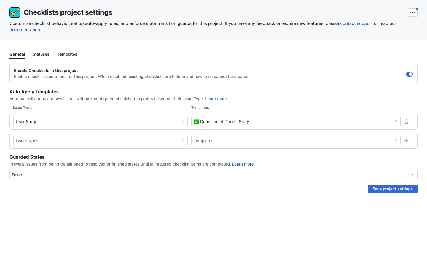 Checklists for YouTrack project settings with automatic template and guarded state rules