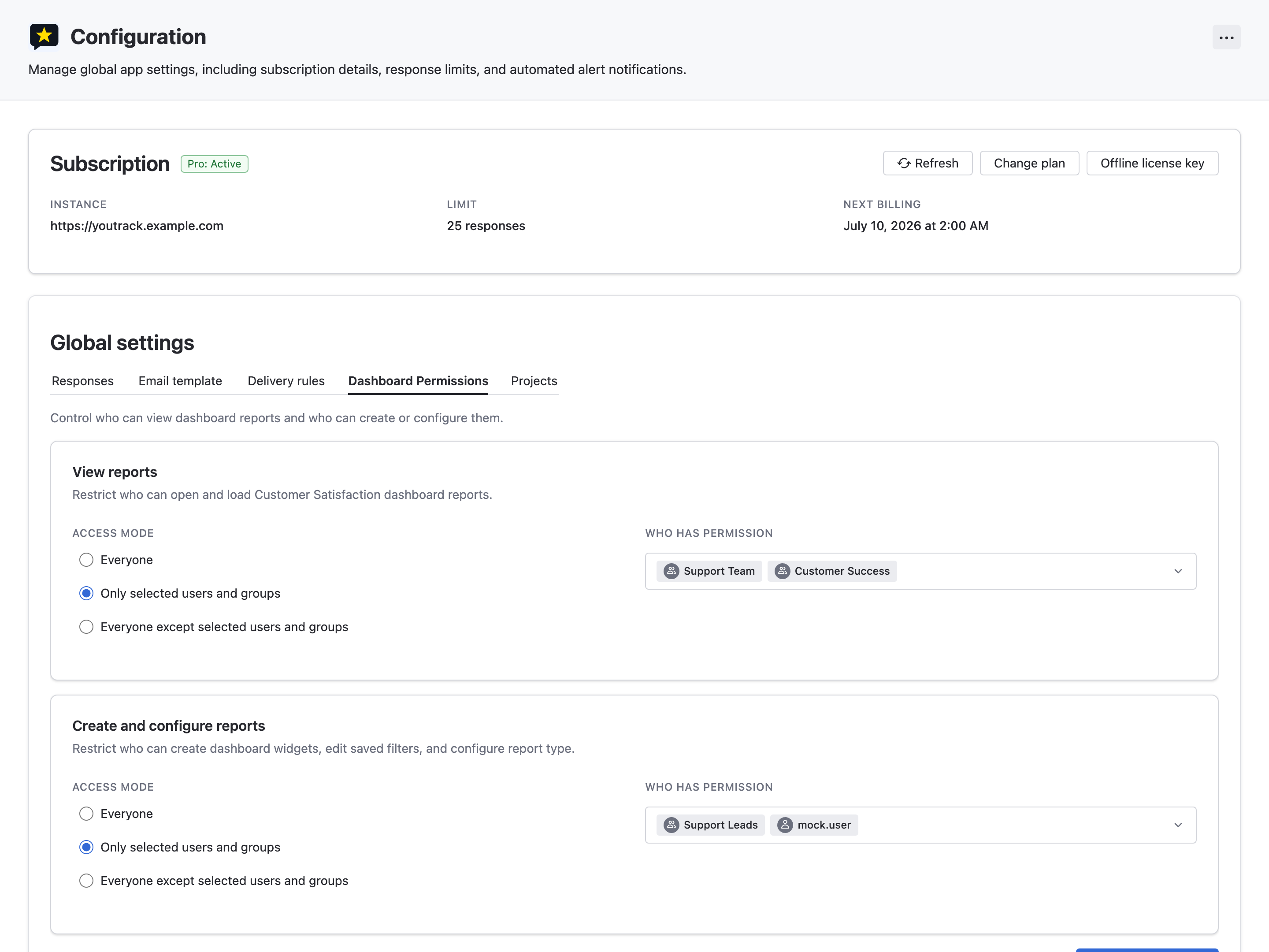 Customer Satisfaction dashboard permissions settings in YouTrack administration