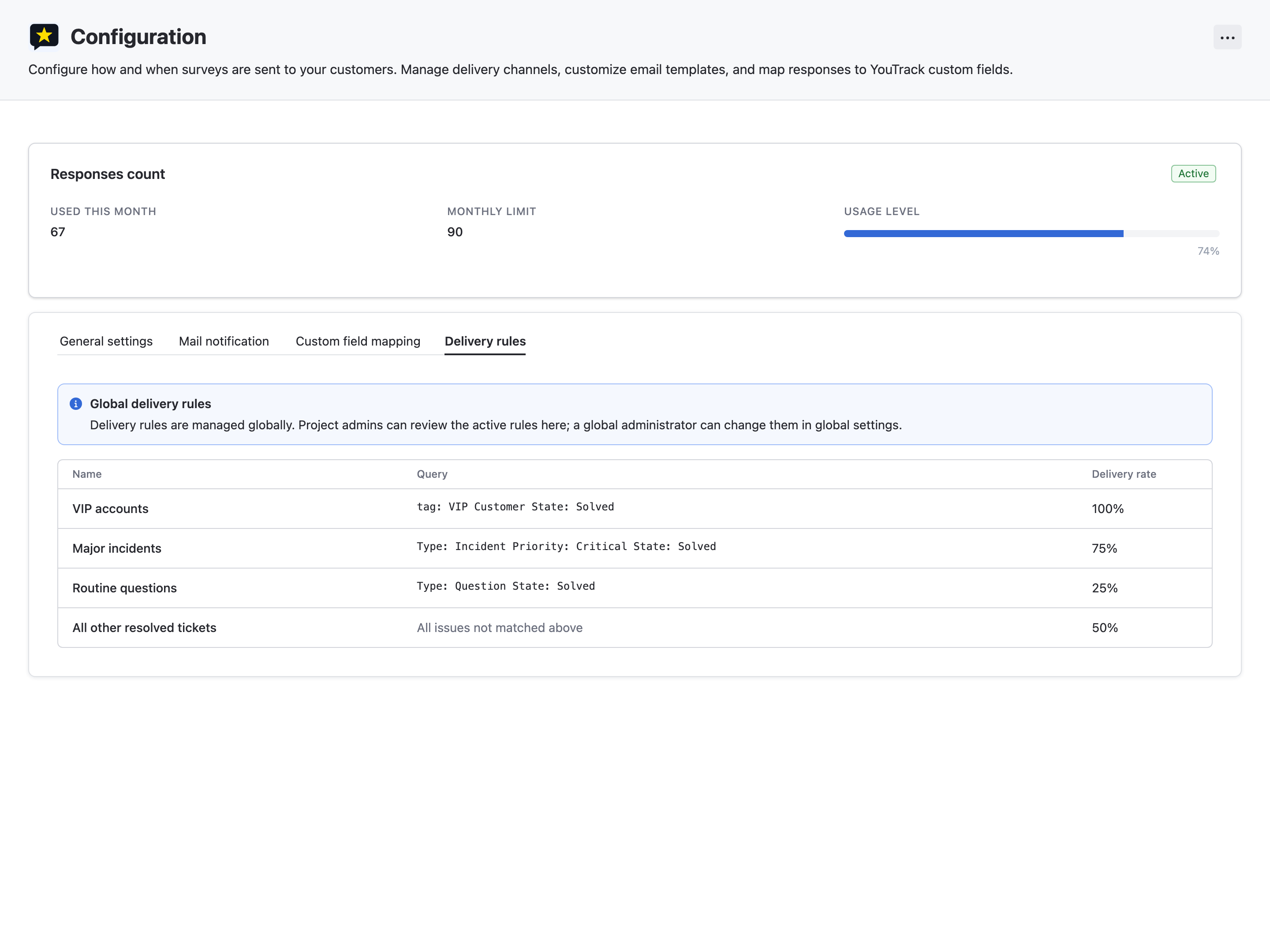 Customer Satisfaction project settings showing read-only global delivery rules