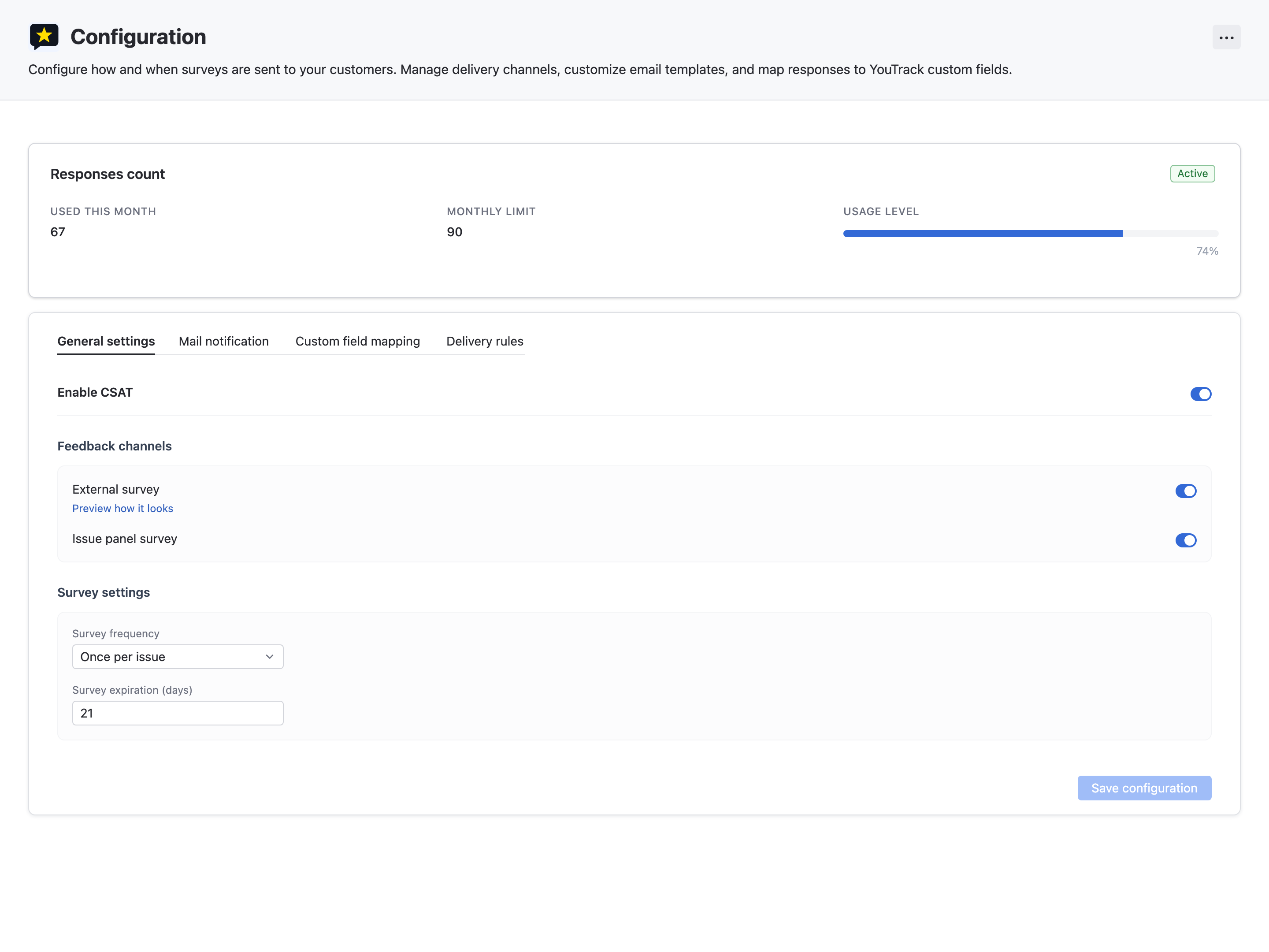 Customer Satisfaction project settings for survey channels and survey behavior