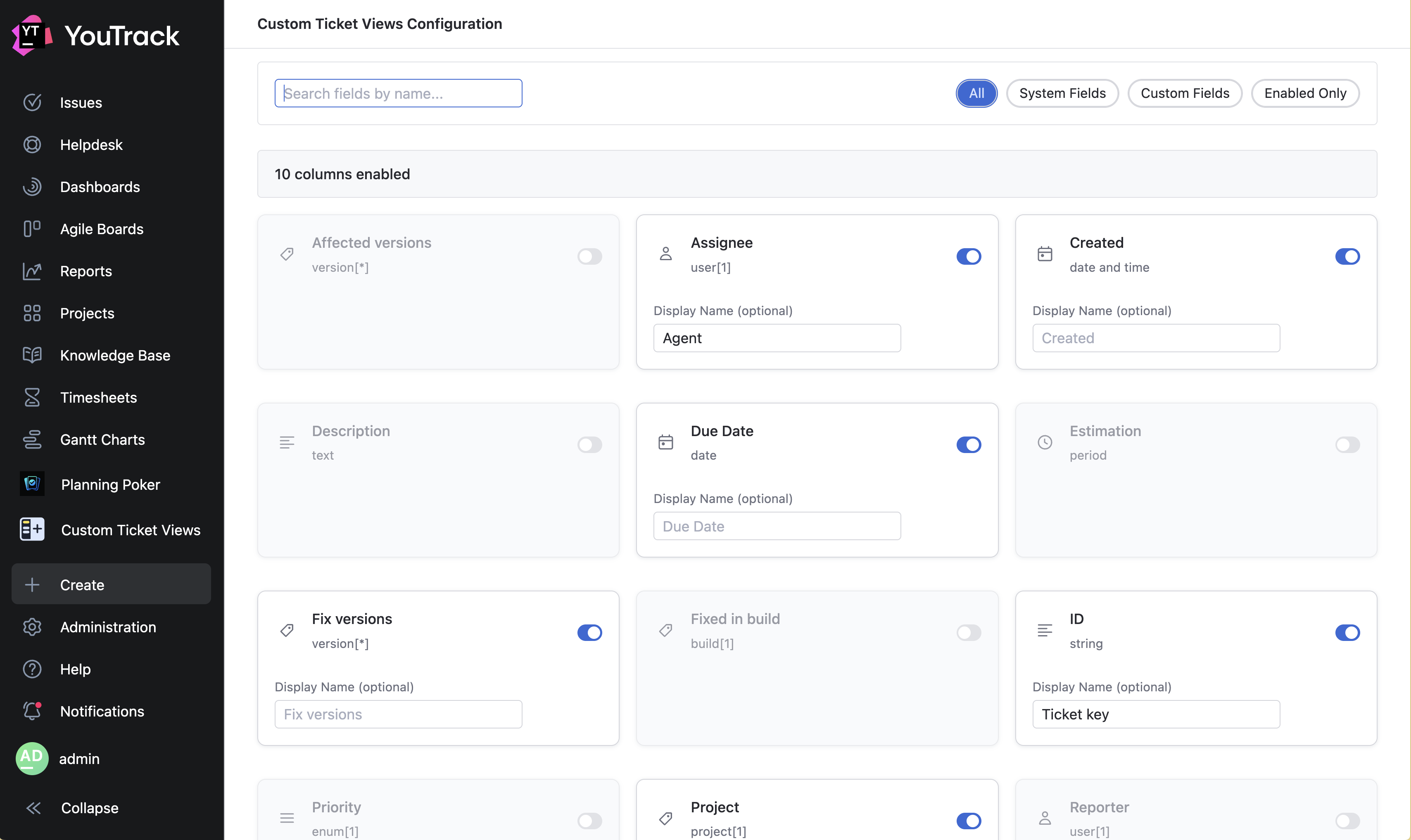 Custom Ticket Views - Field configuration
