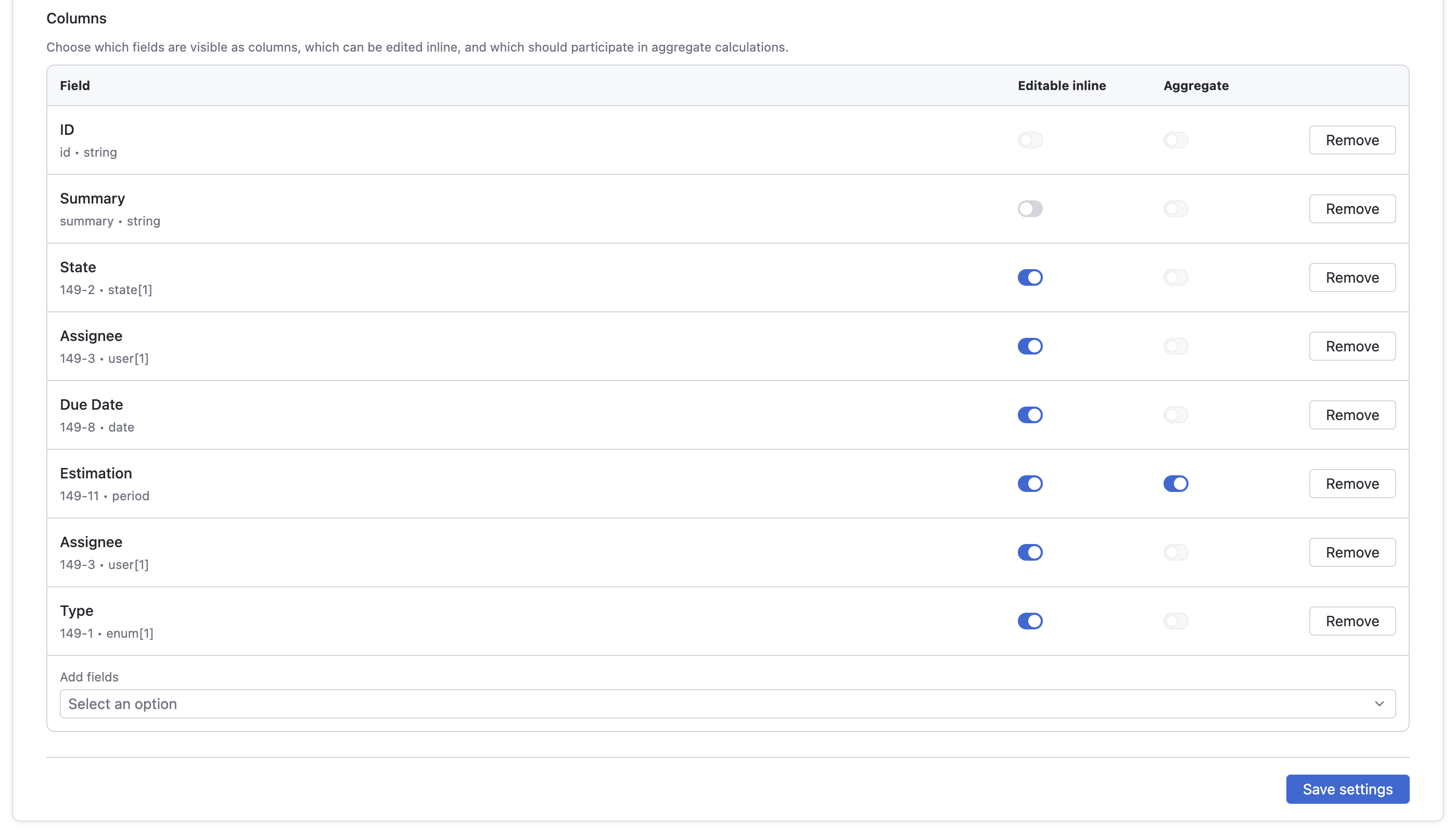 Advanced Linked Issues app settings for column management