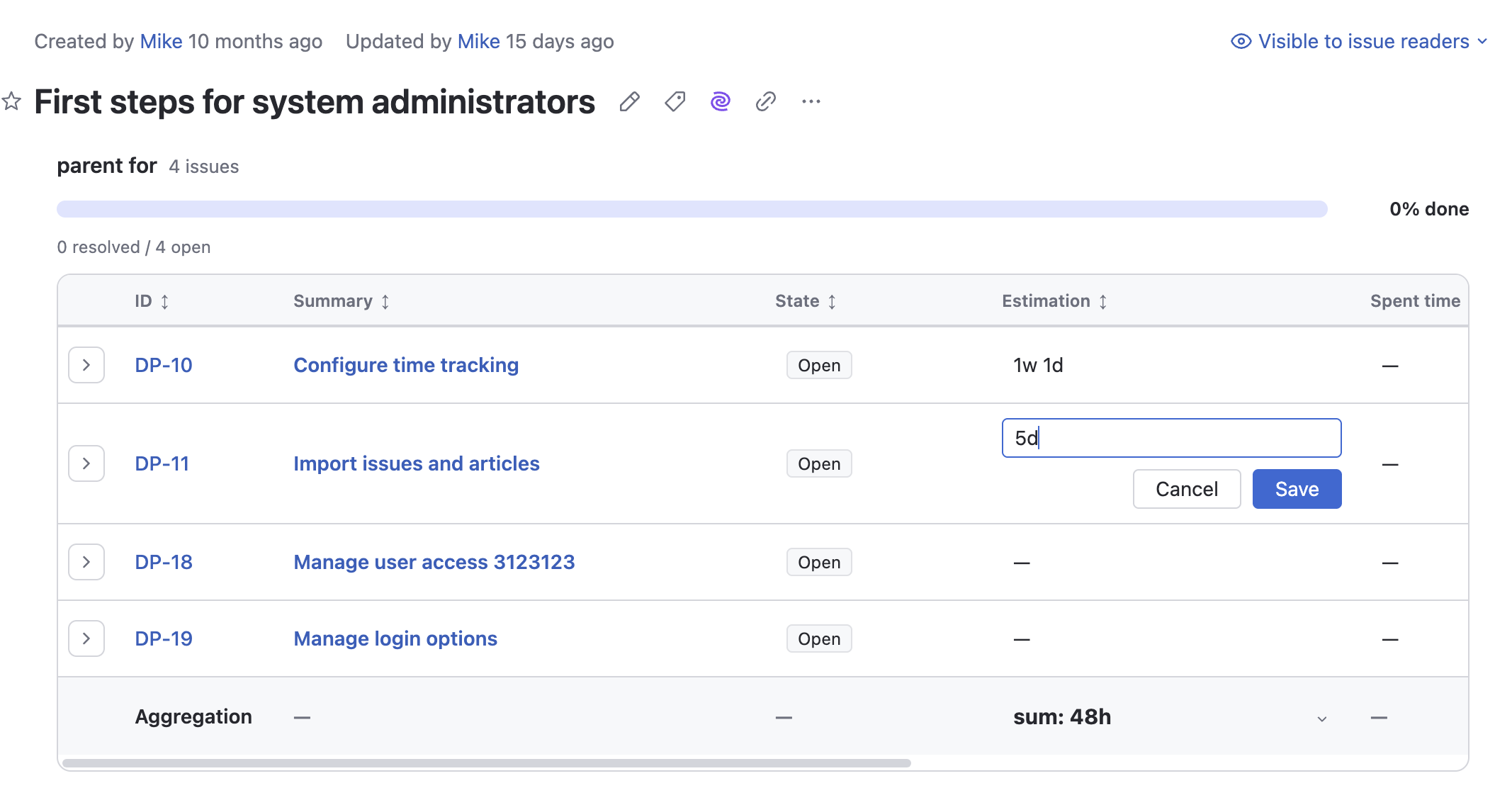 Issue link panel inline editing in YouTrack