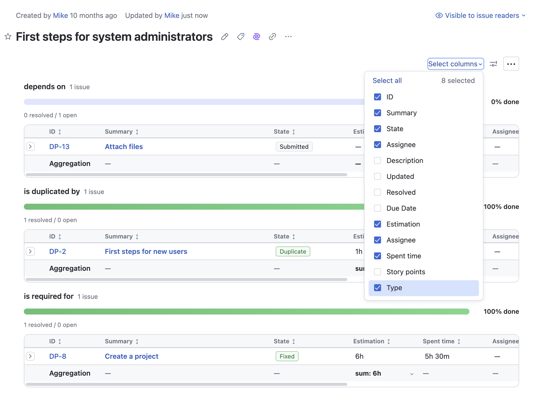 Issue link panel column management menu in YouTrack