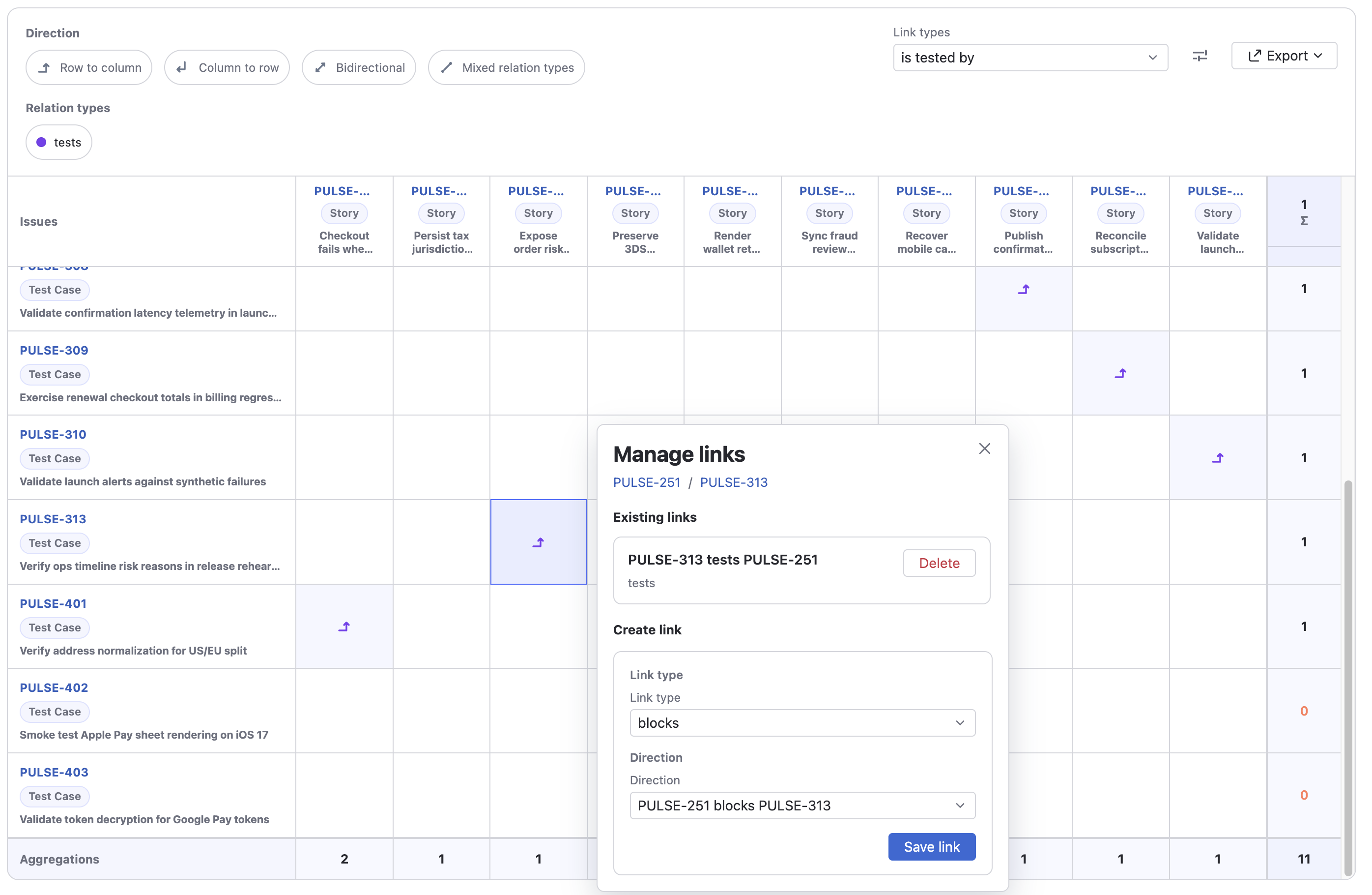 Traceability Matrix report relation management panel