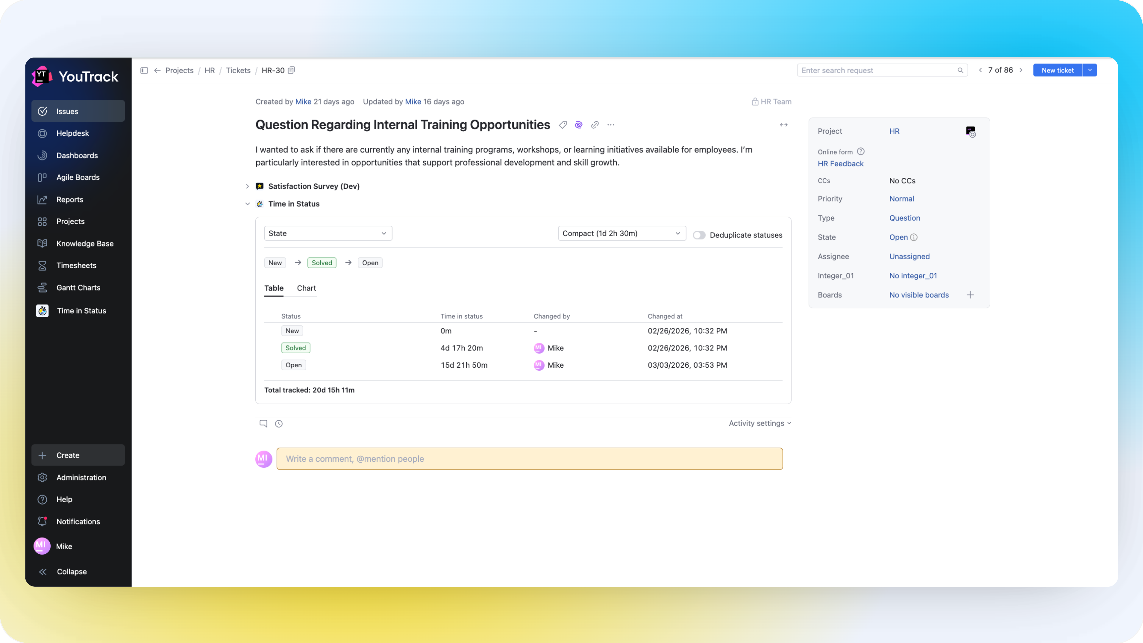Time in Status issue panel showing workflow status flow