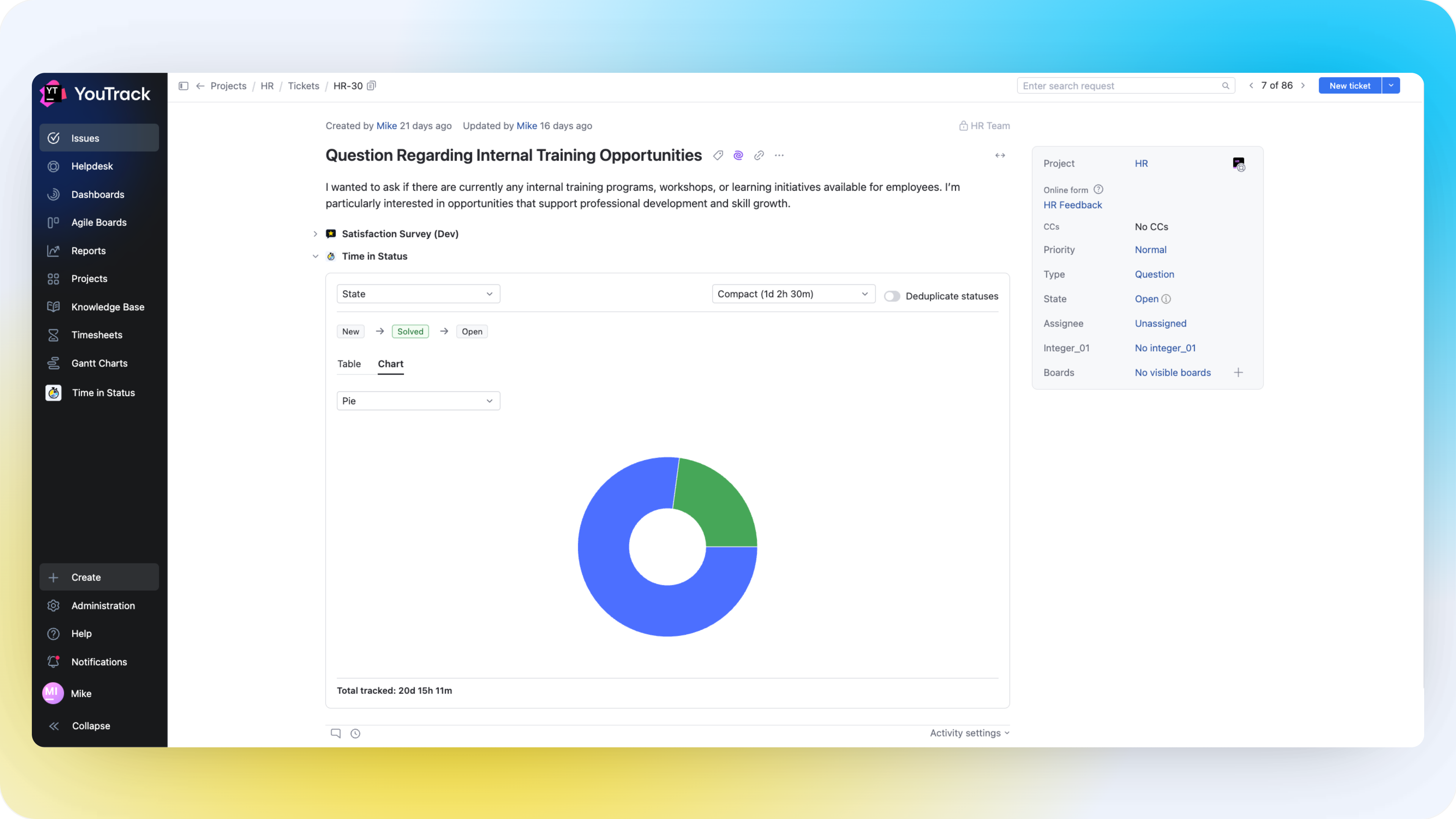 Time in Status issue panel pie chart