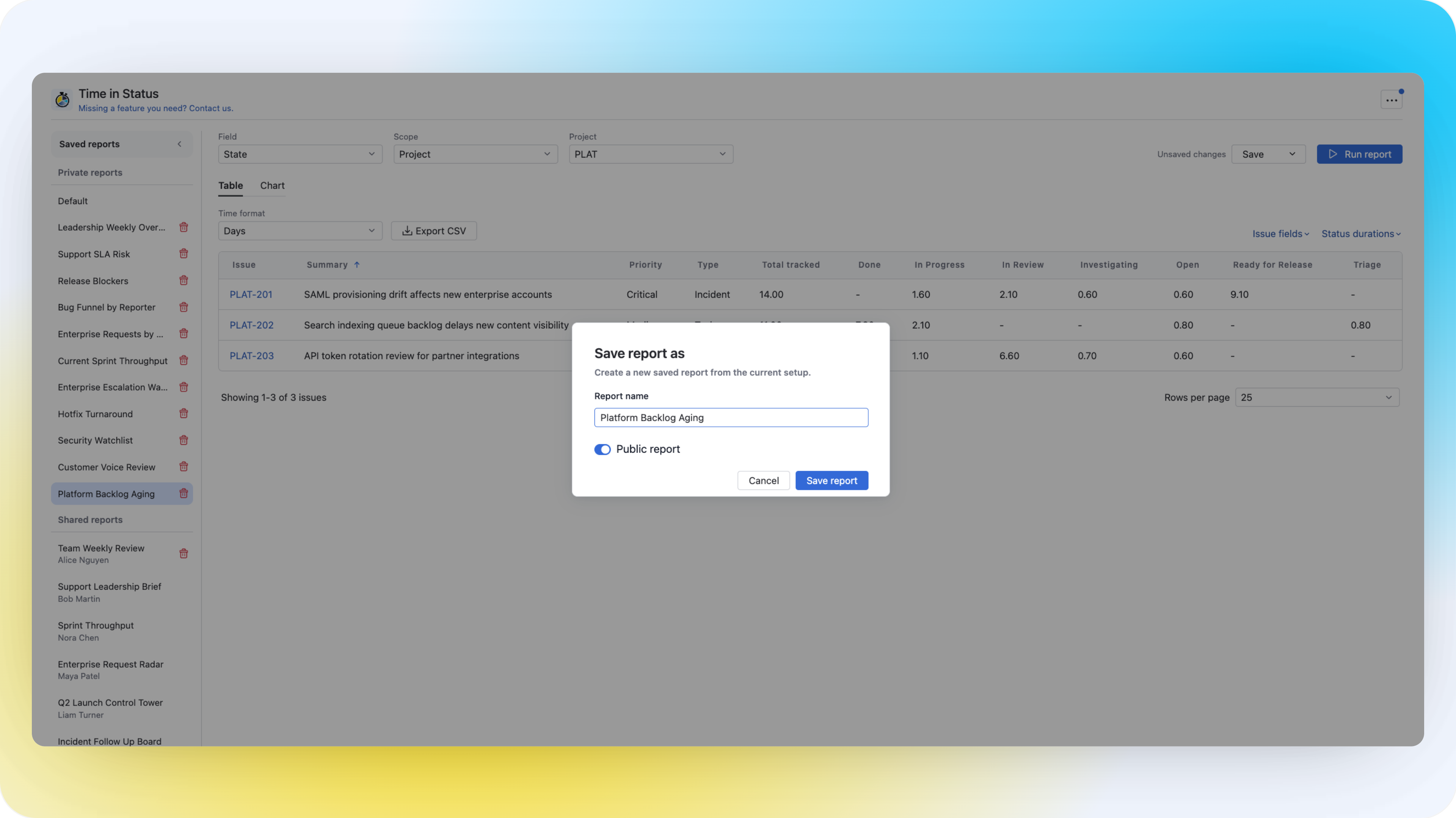 Time in Status save report dialog